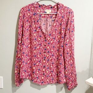 Maeve Anthropologie V-Neck Floral Ruffle Button Down Blouse Top Size 12